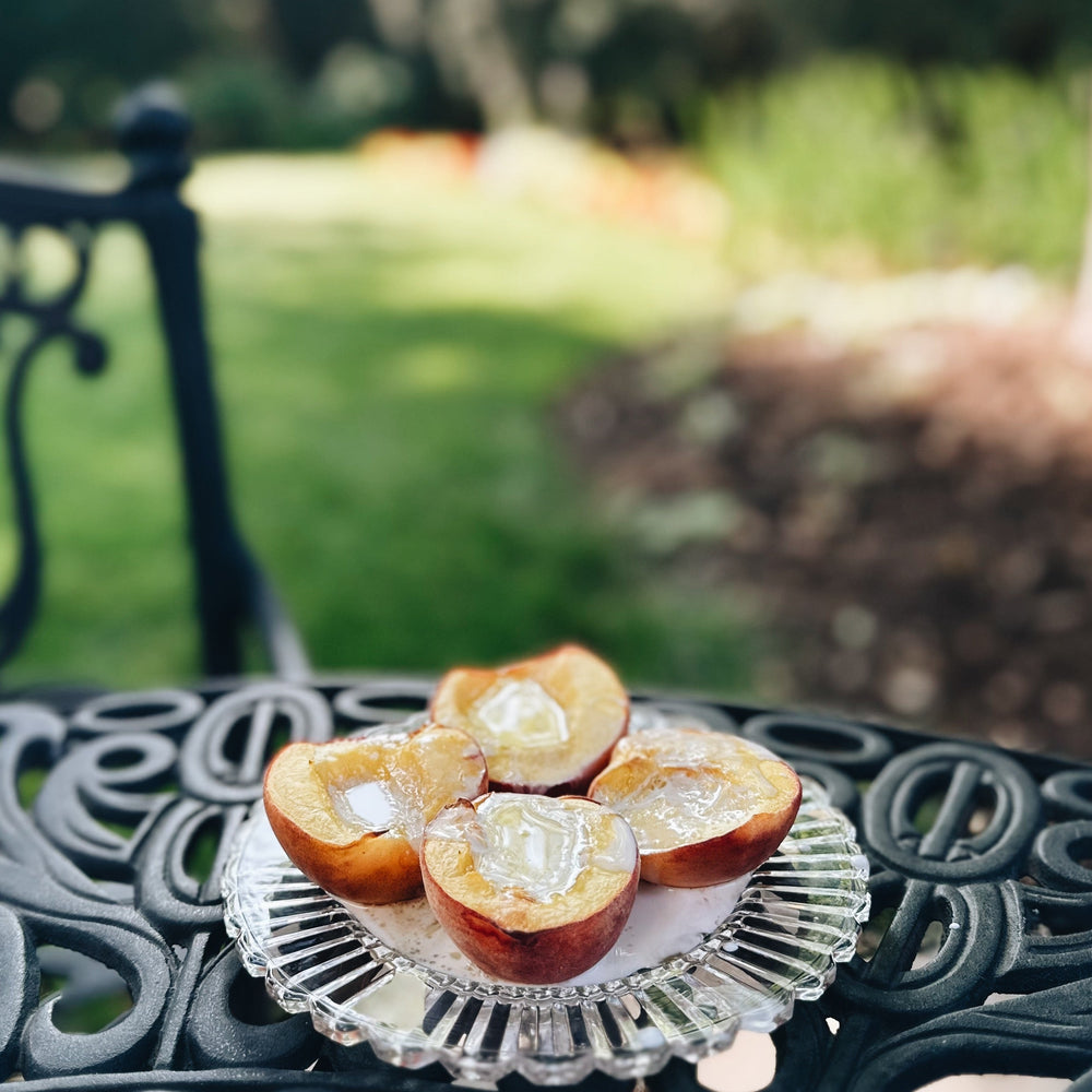 Baked Peaches with Cardamom Maple Syrup